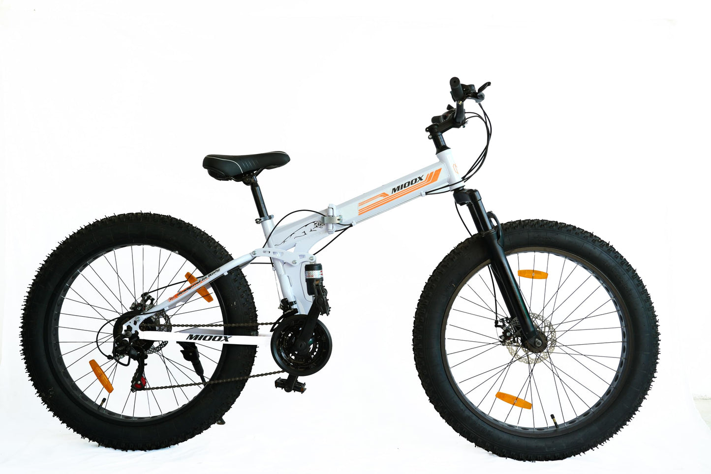 MIOOX Fat Tyre Folding White Cycles Bicycle Dual Suspension Fat Mountain Bike with 26X4 Inch Wheels and with 21 Speed Shimano Gears 26 T Fat Tyre Cycle for Unisex Adults 18 Inches (Orange) 