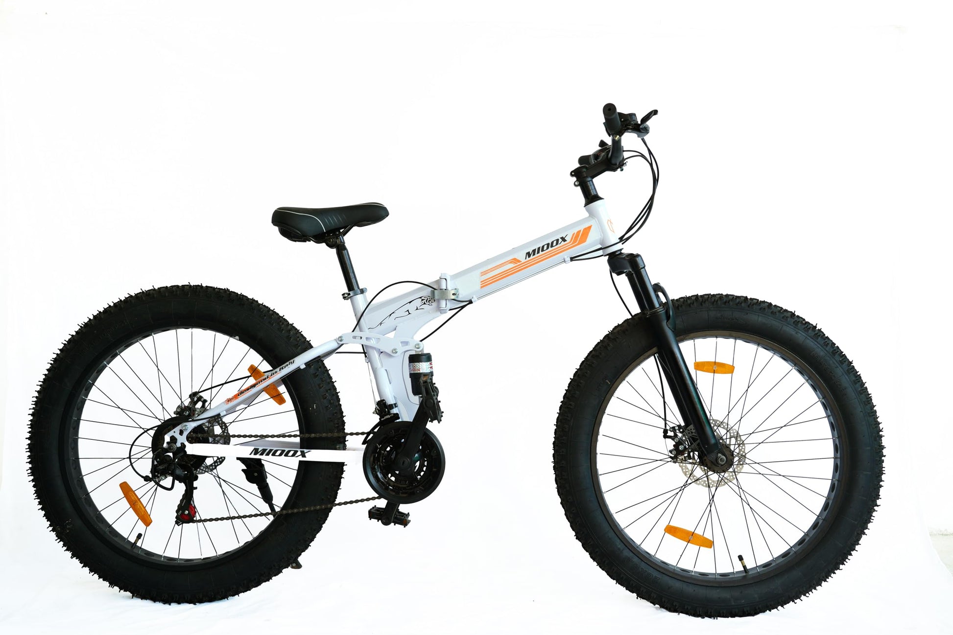 MIOOX Fat Tyre Folding White Cycles Bicycle Dual Suspension Fat Mountain Bike with 26X4 Inch Wheels and with 21 Speed Shimano Gears 26 T Fat Tyre Cycle for Unisex Adults 18 Inches (Orange) 