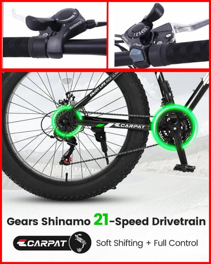 MIOOX Fat Tyre Folding White Cycles Bicycle Dual Suspension Fat Mountain Bike with 26X4 Inch Wheels and with 21 Speed Shimano Gears 26 T Fat Tyre Cycle for Unisex Adults 18 Inches (Orange) 