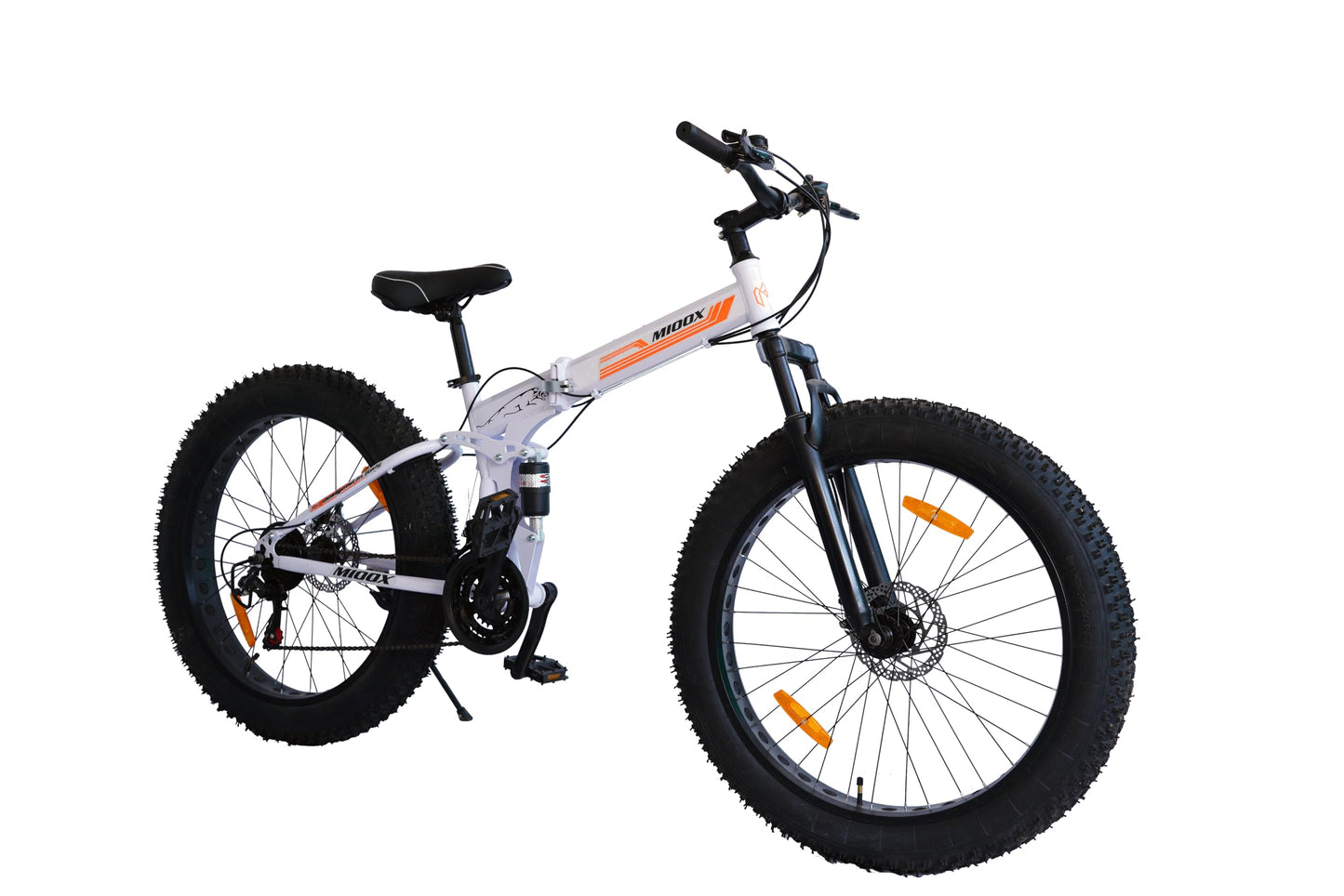 MIOOX Fat Tyre Folding White Cycles Bicycle Dual Suspension Fat Mountain Bike with 26X4 Inch Wheels and with 21 Speed Shimano Gears 26 T Fat Tyre Cycle for Unisex Adults 18 Inches (Orange) 
