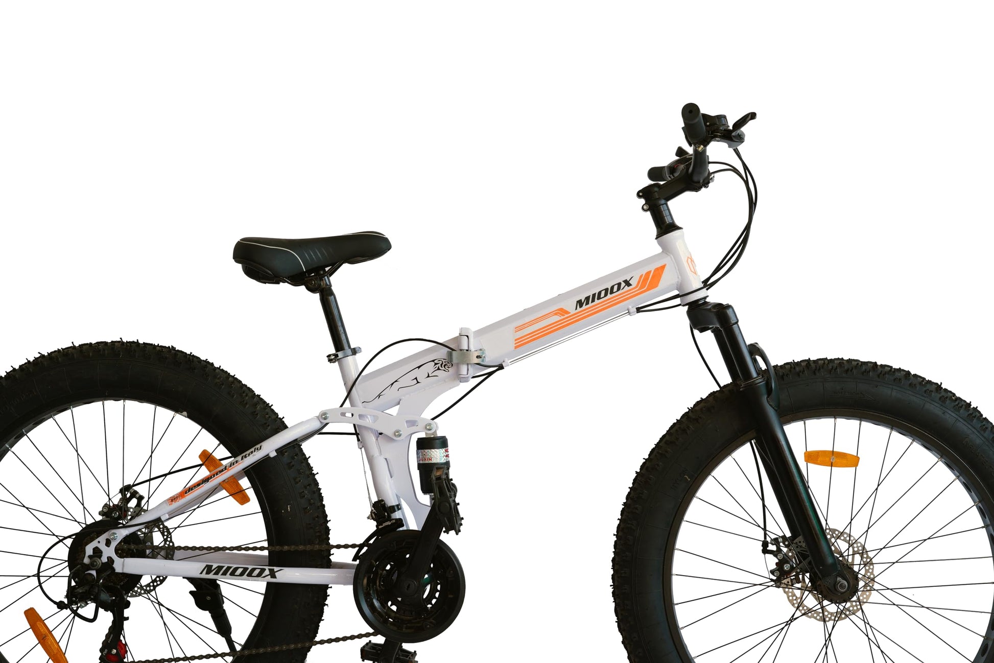 MIOOX Fat Tyre Folding White Cycles Bicycle Dual Suspension Fat Mountain Bike with 26X4 Inch Wheels and with 21 Speed Shimano Gears 26 T Fat Tyre Cycle for Unisex Adults 18 Inches (Orange) 