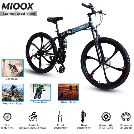 MIOOX MTB Foldable Alloy Wheel Black Mountain Bike with 26X4 Inch Tyres Folding Bike for Adults with 21 Gears (Frame - 26 Inch) (Blue) 