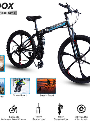MIOOX MTB Foldable Alloy Wheel Black Mountain Bike with 26X4 Inch Tyres Folding Bike for Adults with 21 Gears (Frame - 26 Inch) (Blue) 
