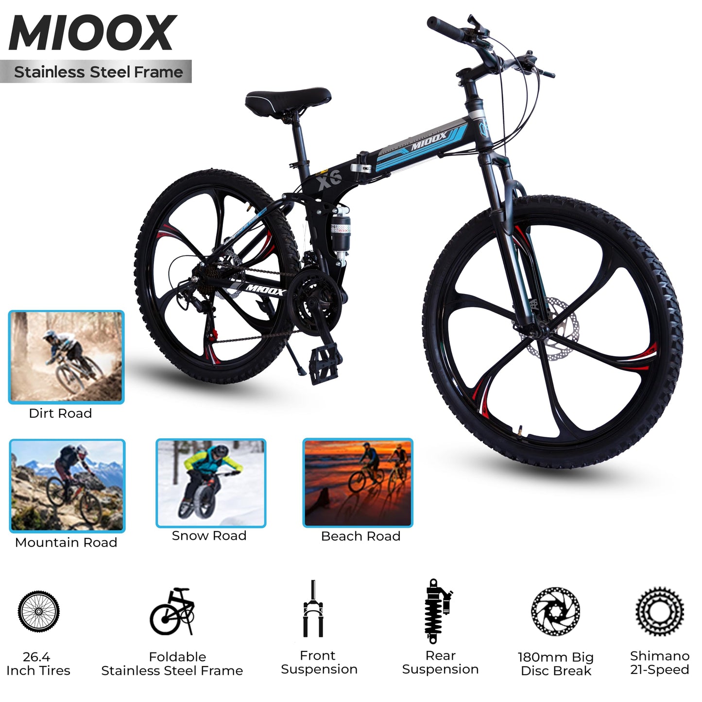 MIOOX MTB Foldable Alloy Wheel Black Mountain Bike with 26X4 Inch Tyres Folding Bike for Adults with 21 Gears (Frame - 26 Inch) (Blue) 