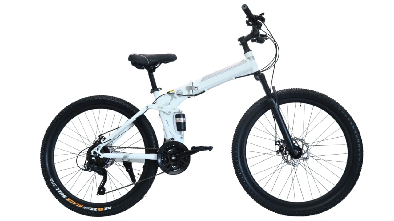 MIOOX White MTB Foldable Mountain Bike with 21 Speed Gears (20 Inch Wheel) Dual Suspension Bicycle Disk Brakes Cycle for Adults/Unisex 