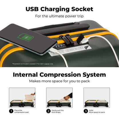 MOKOBARA Iconic Range The Set of 3 Polycarbonate Hard Shell Luggage 79Cms Cabin, Small Medium & Large Size German Makrolon Green, 8 Spinner Wheels Suitcase Trolley, Hinomoto Wheels (Forest Sunray) 