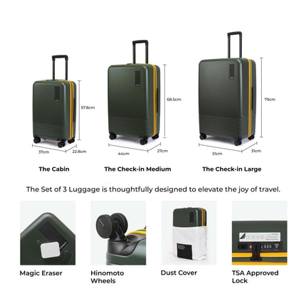 MOKOBARA Iconic Range The Set of 3 Polycarbonate Hard Shell Luggage 79Cms Cabin, Small Medium & Large Size German Makrolon Green, 8 Spinner Wheels Suitcase Trolley, Hinomoto Wheels (Forest Sunray) 