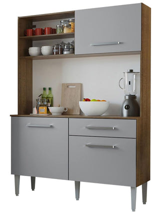 Madesa Compact Kitchen Set with Cabinets Ample Storage 120 Cm Wide with Multiple Compartments, 5 niches, 1 Drawers and PVC feet - Brown/Gray 