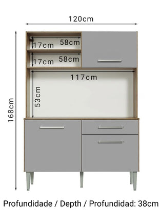 Madesa Compact Kitchen Set with Cabinets Ample Storage 120 Cm Wide with Multiple Compartments, 5 niches, 1 Drawers and PVC feet - Brown/Gray 