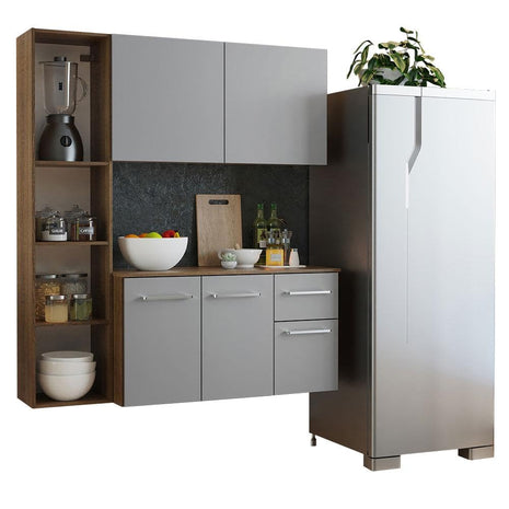 Madesa Compact Kitchen Set with Cabinets Ample Storage 120 Cm Wide with Multiple Compartments, 8 niches, 1 Drawers and Suspended Kitchen - Brown/Gray 