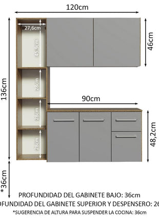 Madesa Compact Kitchen Set with Cabinets Ample Storage 120 Cm Wide with Multiple Compartments, 8 niches, 1 Drawers and Suspended Kitchen - Brown/Gray 