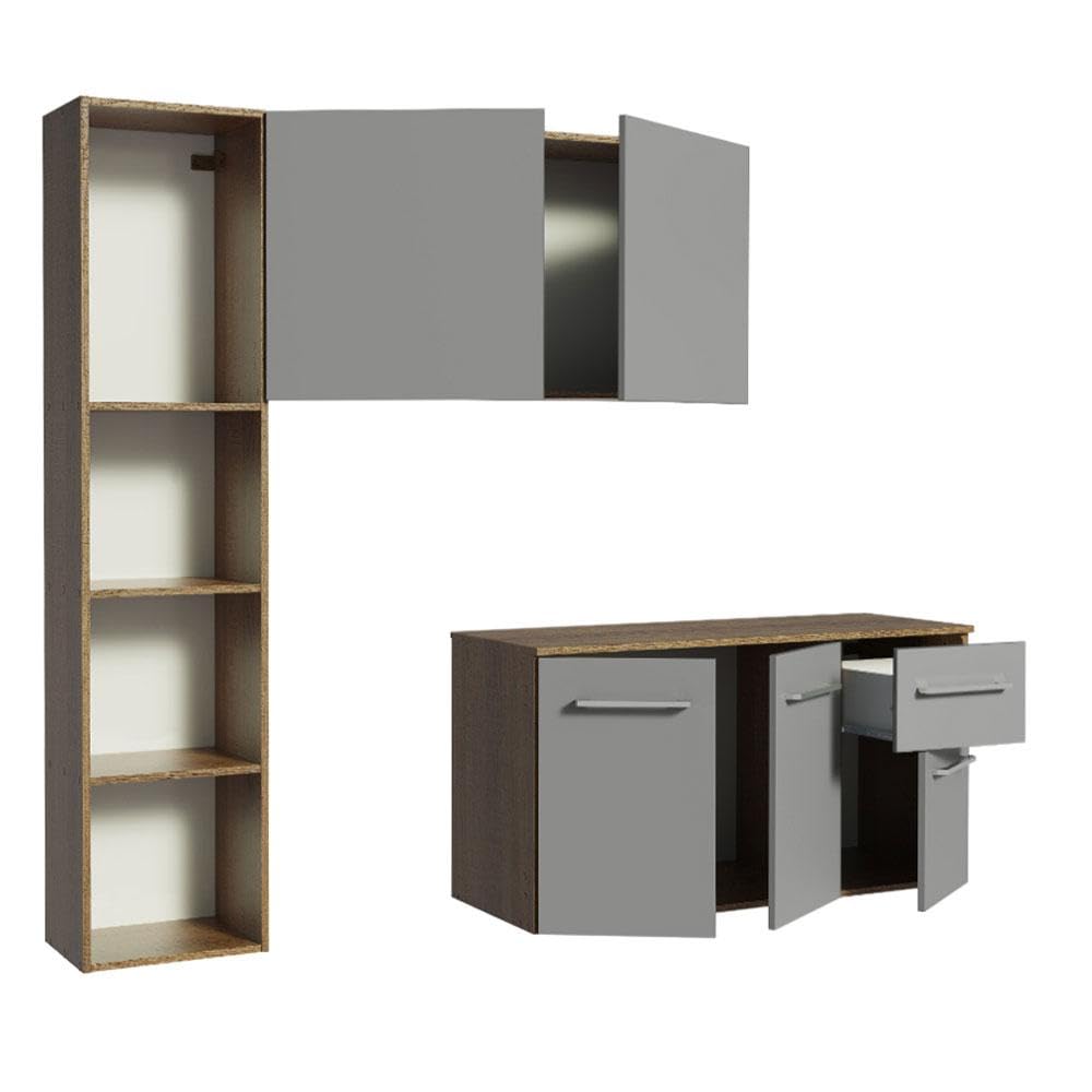 Madesa Compact Kitchen Set with Cabinets Ample Storage 120 Cm Wide with Multiple Compartments, 8 niches, 1 Drawers and Suspended Kitchen - Brown/Gray 