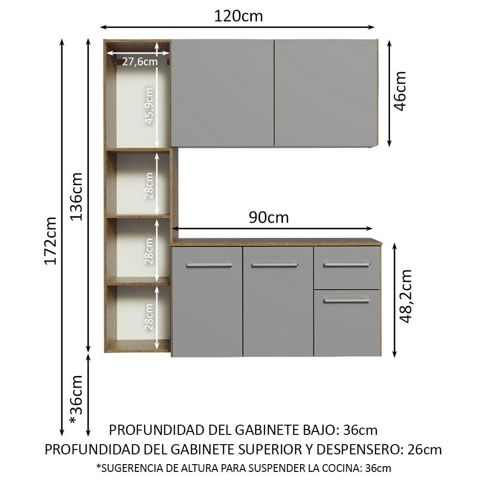 Madesa Compact Kitchen Set with Cabinets Ample Storage 120 Cm Wide with Multiple Compartments, 8 niches, 1 Drawers and Suspended Kitchen - Brown/Gray 