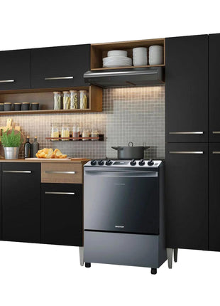 Madesa Compact Kitchen Set with Cabinets Ample Storage 229 Cm Wide with Multiple Compartments, 10 niches, 1 Drawers and PVC feet - Brown/Black 