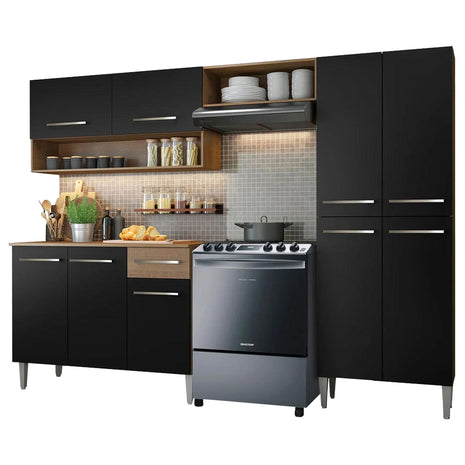 Madesa Compact Kitchen Set with Cabinets Ample Storage 229 Cm Wide with Multiple Compartments, 10 niches, 1 Drawers and PVC feet - Brown/Black 