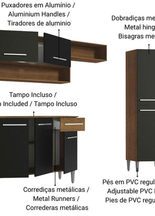 Madesa Compact Kitchen Set with Cabinets Ample Storage 229 Cm Wide with Multiple Compartments, 10 niches, 1 Drawers and PVC feet - Brown/Black 