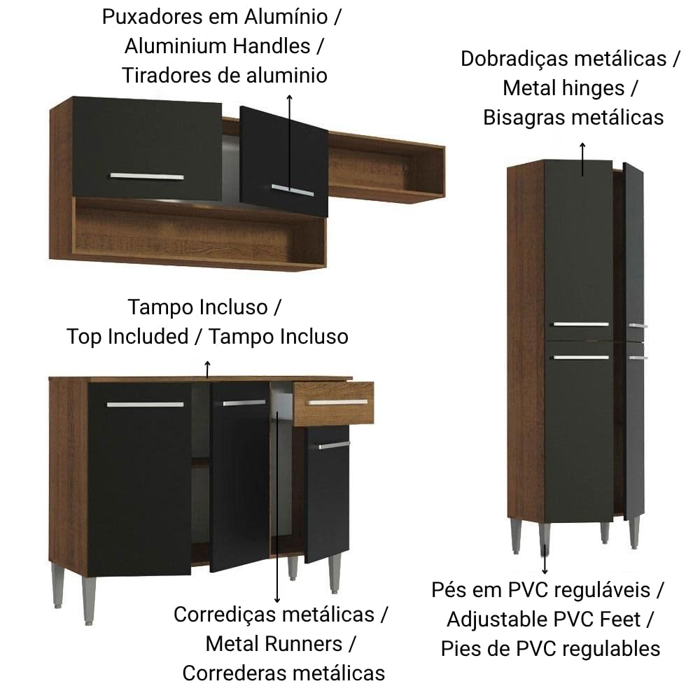 Madesa Compact Kitchen Set with Cabinets Ample Storage 229 Cm Wide with Multiple Compartments, 10 niches, 1 Drawers and PVC feet - Brown/Black 