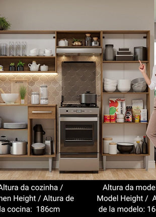 Madesa Compact Kitchen Set with Cabinets Ample Storage 229 Cm Wide with Multiple Compartments, 10 niches, 1 Drawers and PVC feet - Brown/Black 