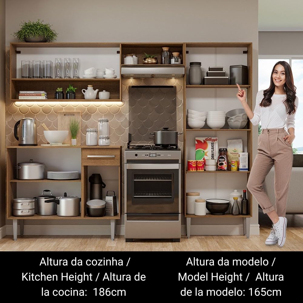 Madesa Compact Kitchen Set with Cabinets Ample Storage 229 Cm Wide with Multiple Compartments, 10 niches, 1 Drawers and PVC feet - Brown/Black 