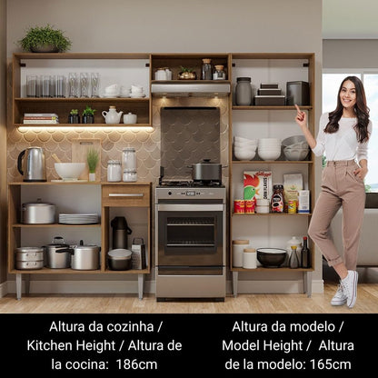 Madesa Compact Kitchen Set with Cabinets Ample Storage 229 Cm Wide with Multiple Compartments, 10 niches, 1 Drawers and PVC feet - Brown/Black 