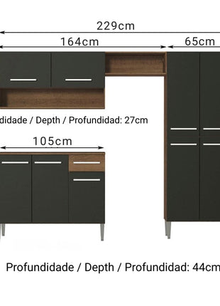 Madesa Compact Kitchen Set with Cabinets Ample Storage 229 Cm Wide with Multiple Compartments, 10 niches, 1 Drawers and PVC feet - Brown/Black 