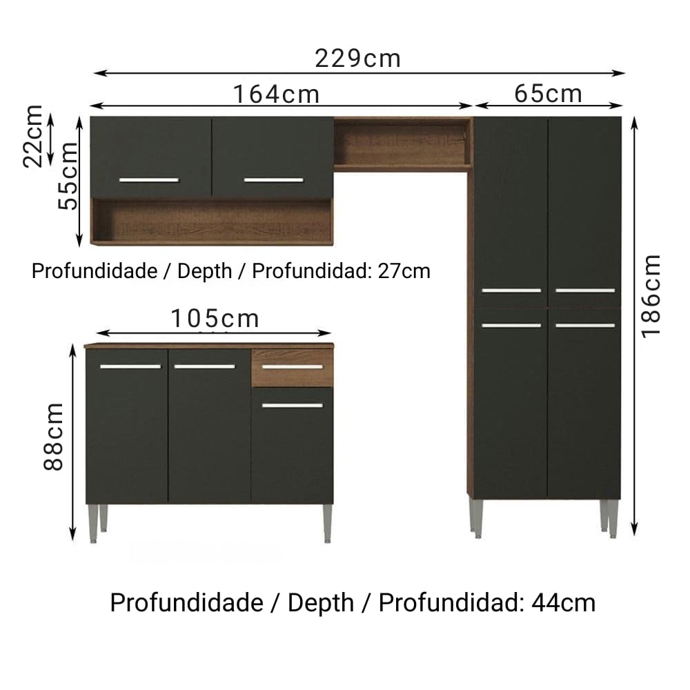 Madesa Compact Kitchen Set with Cabinets Ample Storage 229 Cm Wide with Multiple Compartments, 10 niches, 1 Drawers and PVC feet - Brown/Black 