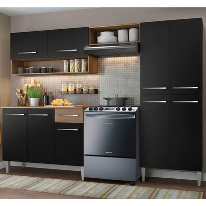 Madesa Compact Kitchen Set with Cabinets Ample Storage 229 Cm Wide with Multiple Compartments, 10 niches, 1 Drawers and PVC feet - Brown/Black 