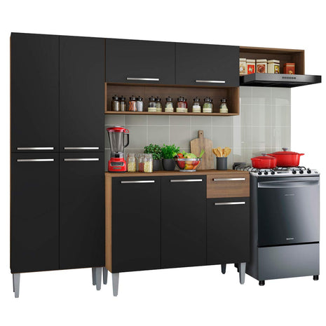Madesa Compact Kitchen Set with Cabinets Ample Storage 229 Cm Wide with Multiple Compartments, 10 niches, 1 Drawers and PVC feet - Brown/Black 