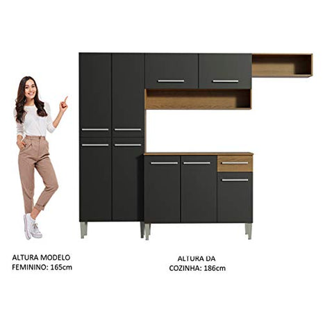 Madesa Compact Kitchen Set with Cabinets Ample Storage 229 Cm Wide with Multiple Compartments, 10 niches, 1 Drawers and PVC feet - Brown/Black 