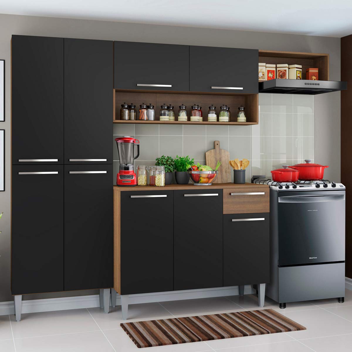 Madesa Compact Kitchen Set with Cabinets Ample Storage 229 Cm Wide with Multiple Compartments, 10 niches, 1 Drawers and PVC feet - Brown/Black 