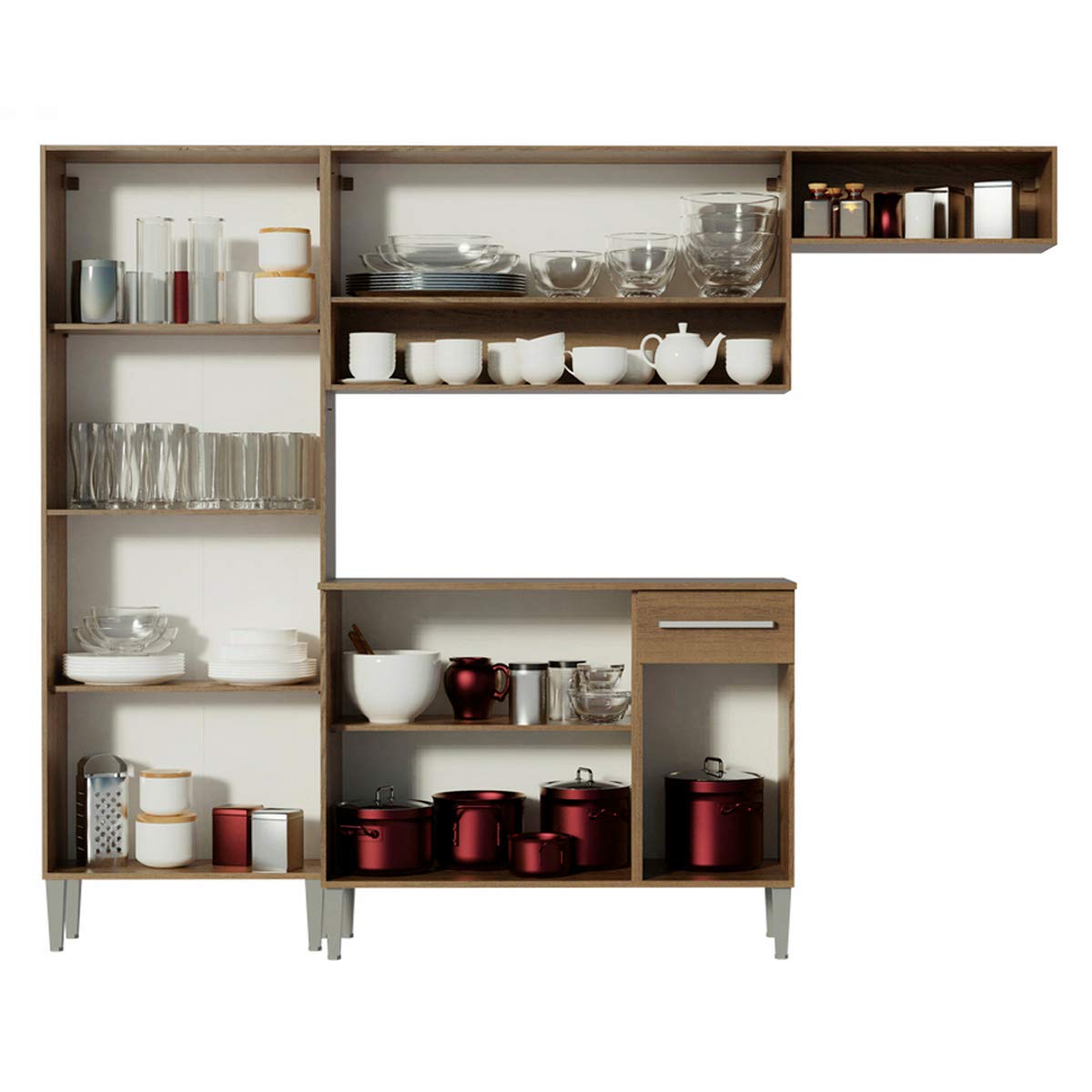Madesa Compact Kitchen Set with Cabinets Ample Storage 229 Cm Wide with Multiple Compartments, 10 niches, 1 Drawers and PVC feet - Brown/Black 