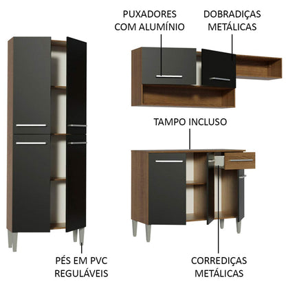 Madesa Compact Kitchen Set with Cabinets Ample Storage 229 Cm Wide with Multiple Compartments, 10 niches, 1 Drawers and PVC feet - Brown/Black 