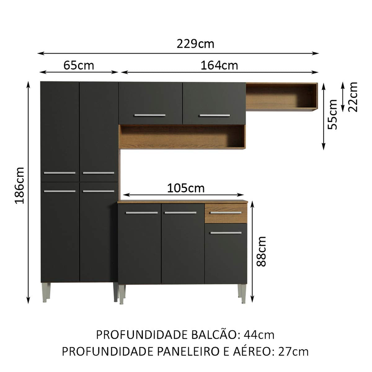 Madesa Compact Kitchen Set with Cabinets Ample Storage 229 Cm Wide with Multiple Compartments, 10 niches, 1 Drawers and PVC feet - Brown/Black 