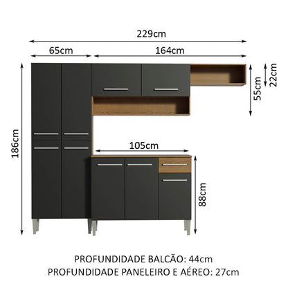 Madesa Compact Kitchen Set with Cabinets Ample Storage 229 Cm Wide with Multiple Compartments, 10 niches, 1 Drawers and PVC feet - Brown/Black 