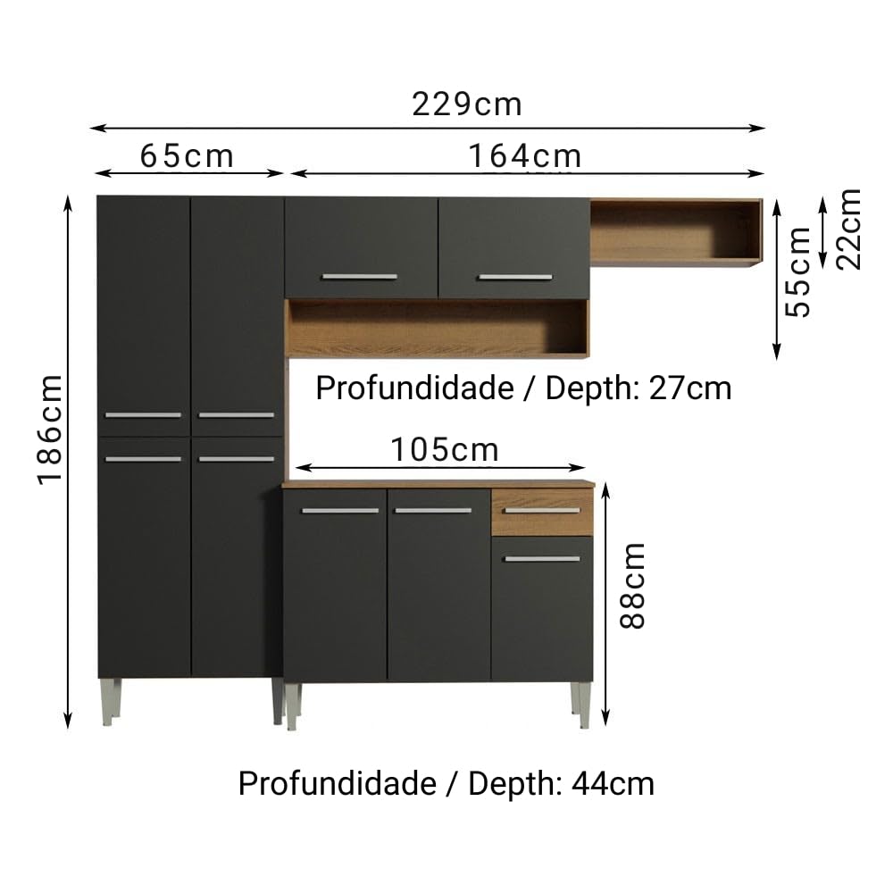 Madesa Compact Kitchen Set with Cabinets Ample Storage 229 Cm Wide with Multiple Compartments, 10 niches, 1 Drawers and PVC feet - Brown/Black 