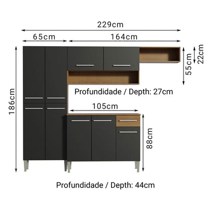 Madesa Compact Kitchen Set with Cabinets Ample Storage 229 Cm Wide with Multiple Compartments, 10 niches, 1 Drawers and PVC feet - Brown/Black 