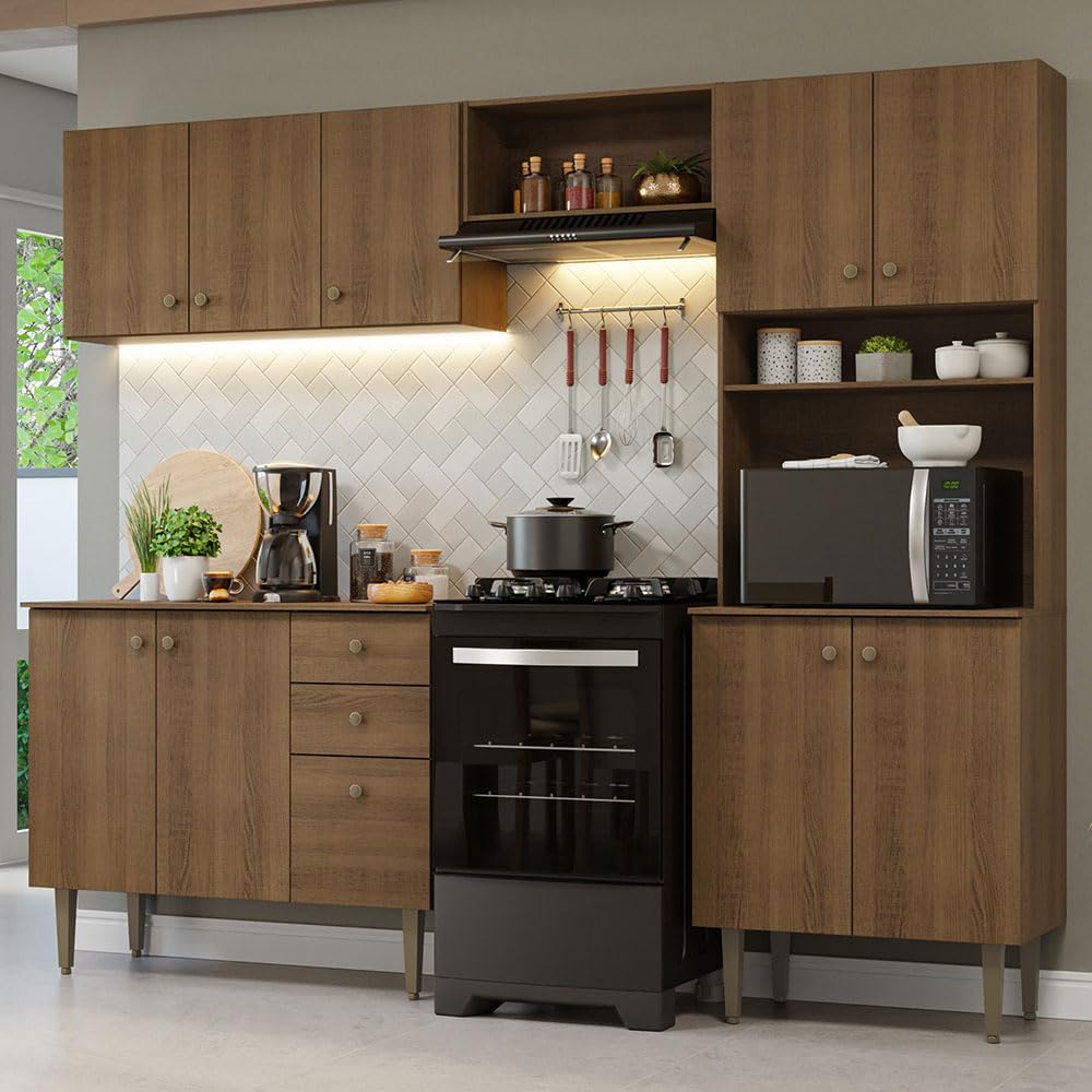 Madesa Compact Kitchen Set with Cabinets Ample Storage 235 Cm Wide with Multiple Compartments, 10 niches, 2 Drawers - Brown 