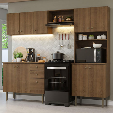Madesa Compact Kitchen Set with Cabinets Ample Storage 235 Cm Wide with Multiple Compartments, 10 niches, 2 Drawers - Brown 