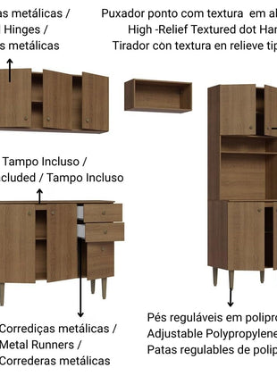 Madesa Compact Kitchen Set with Cabinets Ample Storage 235 Cm Wide with Multiple Compartments, 10 niches, 2 Drawers - Brown 