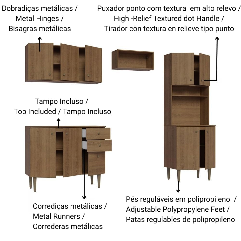 Madesa Compact Kitchen Set with Cabinets Ample Storage 235 Cm Wide with Multiple Compartments, 10 niches, 2 Drawers - Brown 