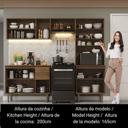 Madesa Compact Kitchen Set with Cabinets Ample Storage 235 Cm Wide with Multiple Compartments, 10 niches, 2 Drawers - Brown 