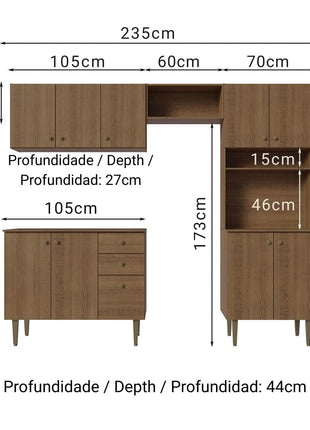 Madesa Compact Kitchen Set with Cabinets Ample Storage 235 Cm Wide with Multiple Compartments, 10 niches, 2 Drawers - Brown 