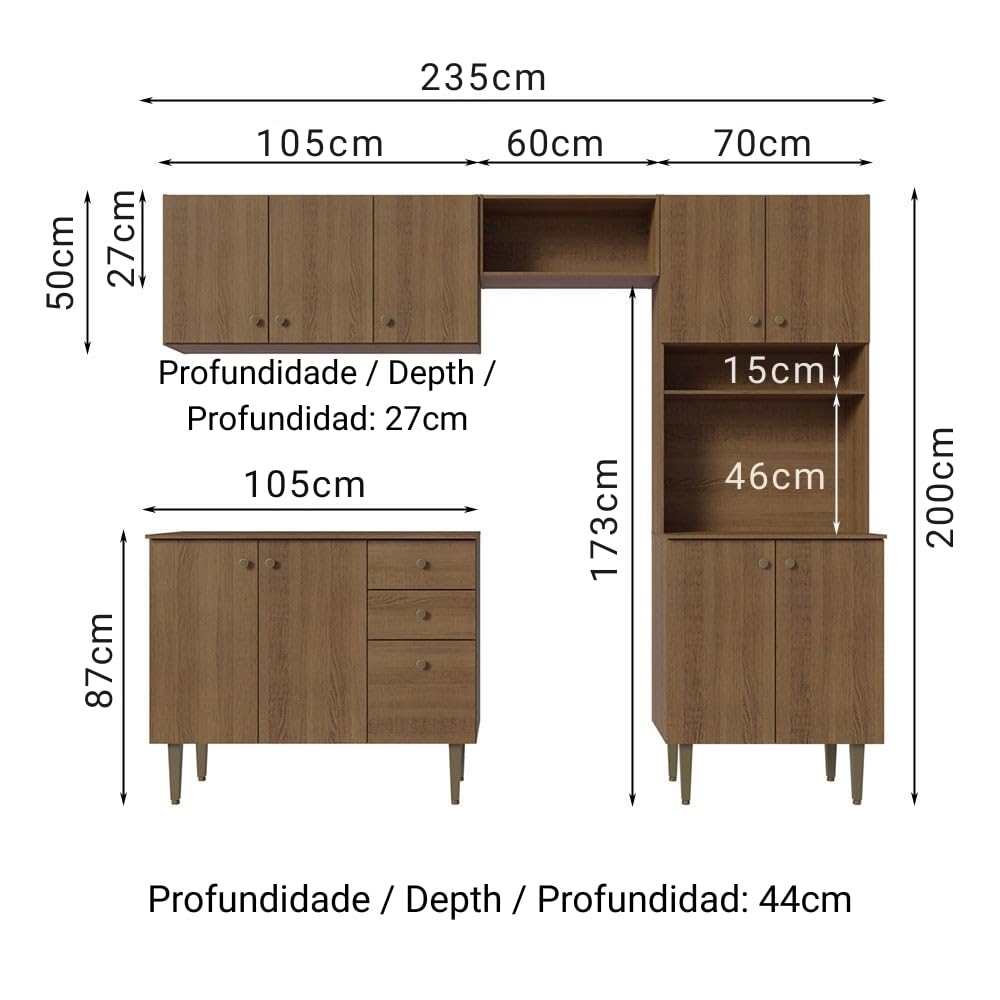 Madesa Compact Kitchen Set with Cabinets Ample Storage 235 Cm Wide with Multiple Compartments, 10 niches, 2 Drawers - Brown 