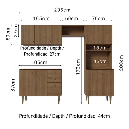 Madesa Compact Kitchen Set with Cabinets Ample Storage 235 Cm Wide with Multiple Compartments, 10 niches, 2 Drawers - Brown 