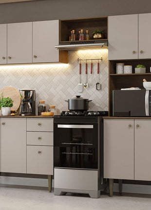 Madesa Compact Kitchen Set with Cabinets Ample Storage 235 Cm Wide with Multiple Compartments, 10 niches, 2 Drawers - Brown/Beige 