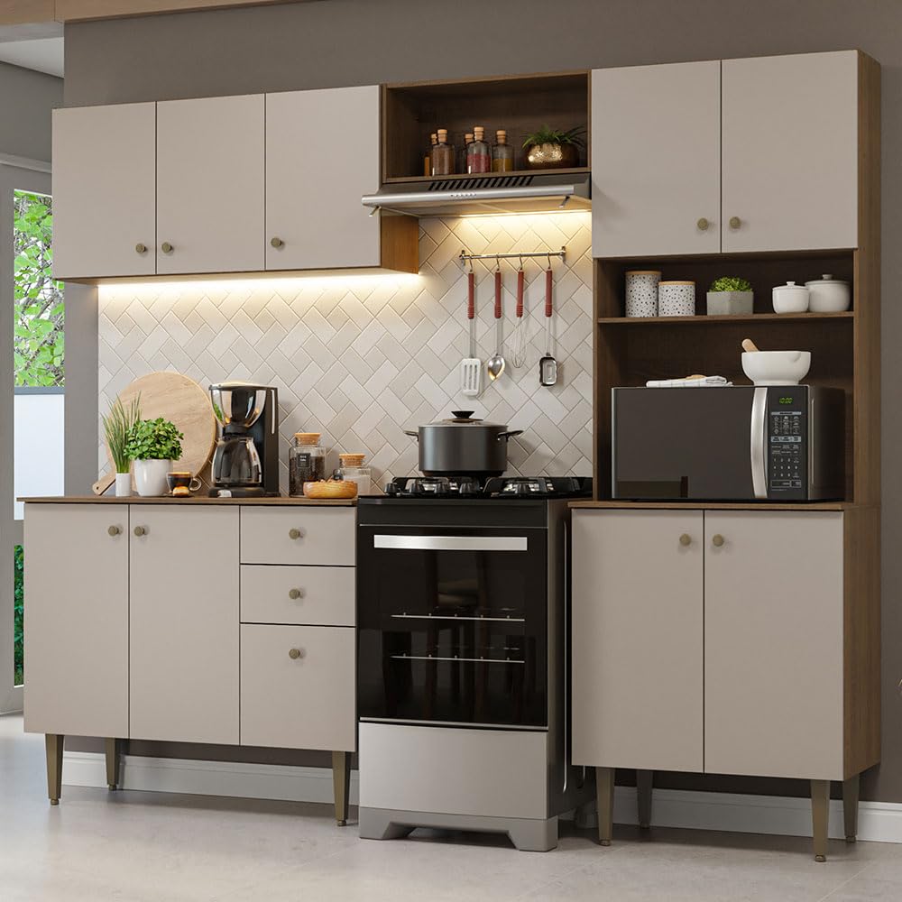 Madesa Compact Kitchen Set with Cabinets Ample Storage 235 Cm Wide with Multiple Compartments, 10 niches, 2 Drawers - Brown/Beige 