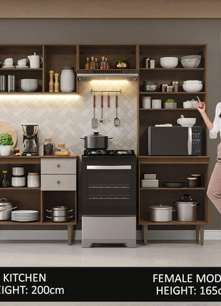 Madesa Compact Kitchen Set with Cabinets Ample Storage 235 Cm Wide with Multiple Compartments, 10 niches, 2 Drawers - Brown/Beige 