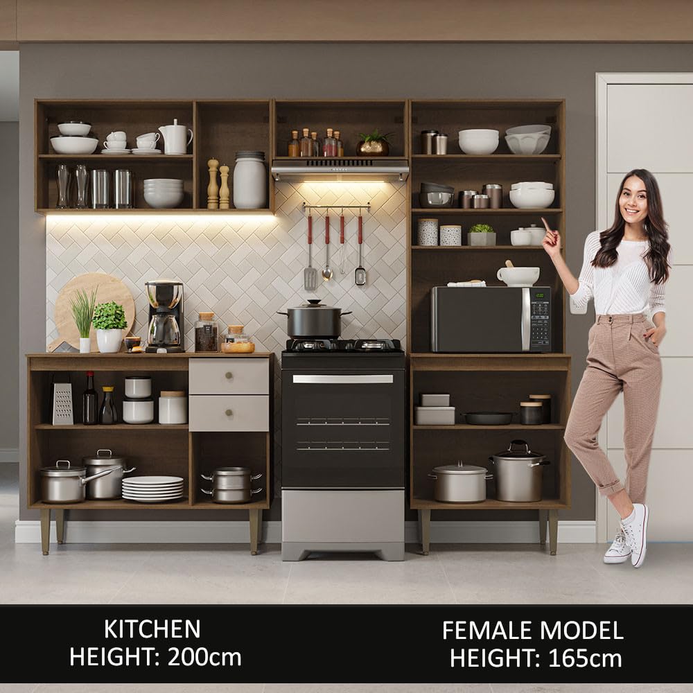 Madesa Compact Kitchen Set with Cabinets Ample Storage 235 Cm Wide with Multiple Compartments, 10 niches, 2 Drawers - Brown/Beige 