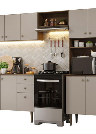 Madesa Compact Kitchen Set with Cabinets Ample Storage 235 Cm Wide with Multiple Compartments, 10 niches, 2 Drawers - Brown/Beige 