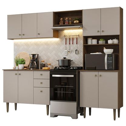 Madesa Compact Kitchen Set with Cabinets Ample Storage 235 Cm Wide with Multiple Compartments, 10 niches, 2 Drawers - Brown/Beige 